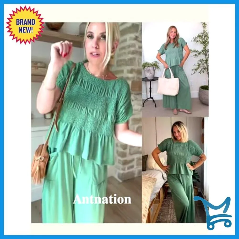 Smocked Top Wide Leg Pants Set High Waisted Lounge Outfit with Pockets